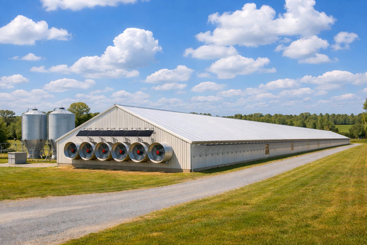 A chicken coop with solar panels attached on two sides.